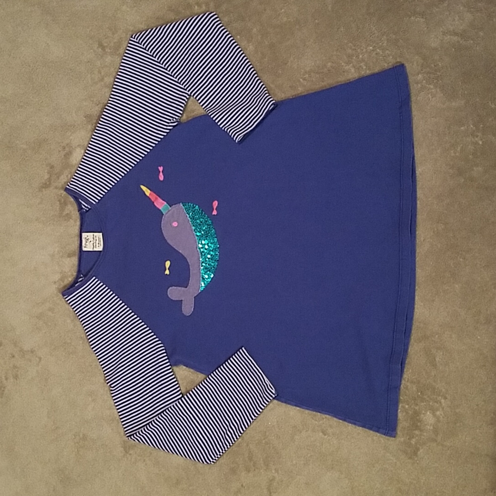 Frugi organic cotton kids shirt. Size 9-10 Navy, gray narwal green sequin belly
